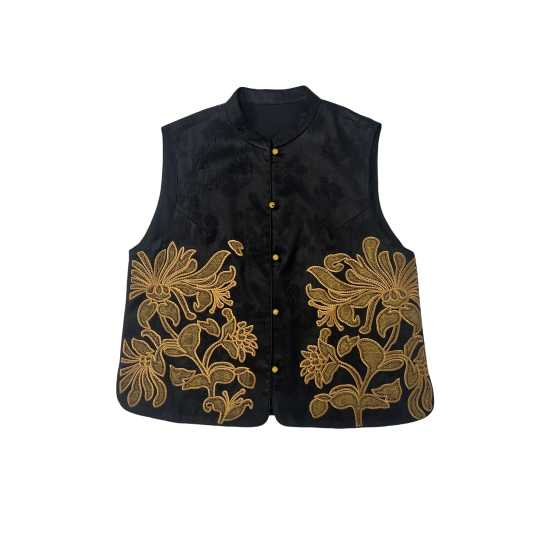 【山黛】满分桑蚕丝桑波缎提花拼接马甲时尚休闲百搭宽松秋季480018