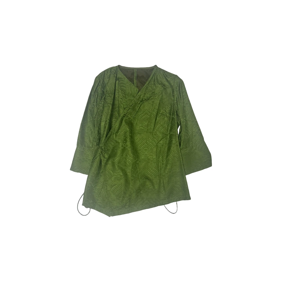 H480127G新中式国风绿色提花缎面上衣女新款高级感气质斜襟系带