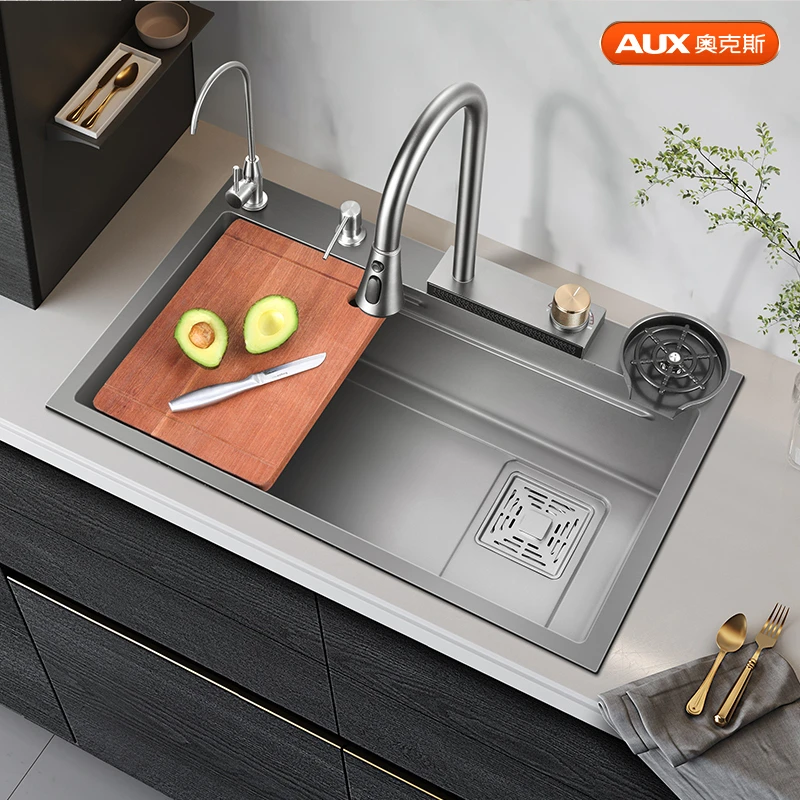 奥克斯飞雨瀑布水槽家用厨房不锈钢纳米洗菜盆大单槽洗碗槽洗菜池