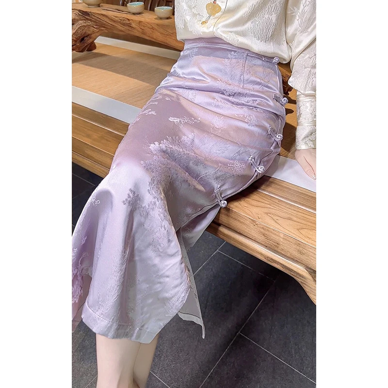 古法植物染色 紫色提花新中式半身裙女包臀复古盘扣开衩裙Q3217