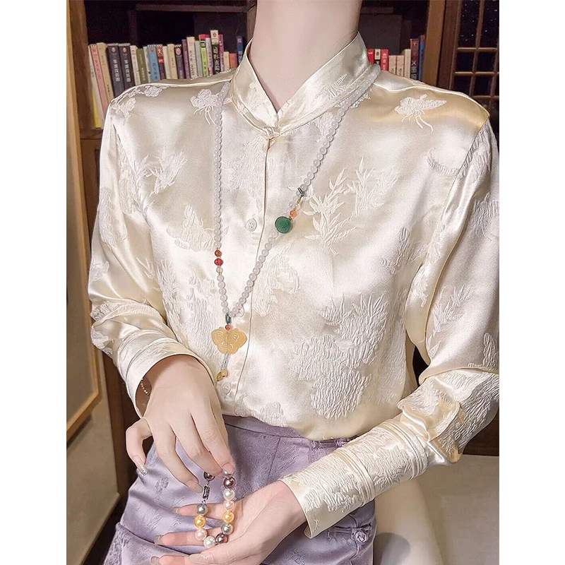 "梅兰竹菊" 新中式中国风女装上衣女2025早春新款桑蚕丝衬衣长袖
