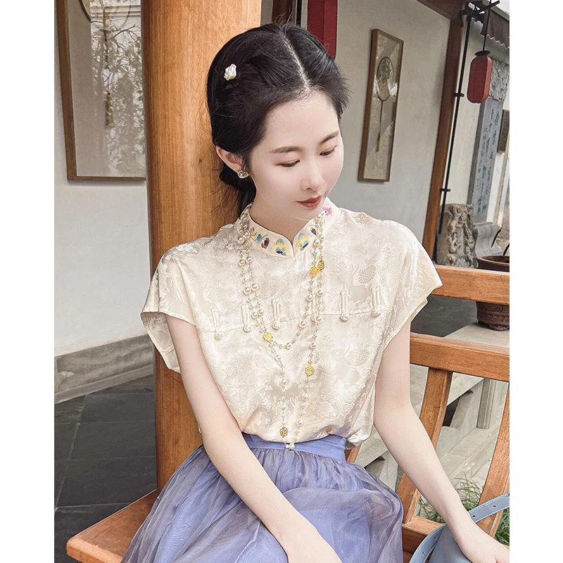 复古刺绣立领桑蚕丝衬衣女2023夏提花宽松短袖上衣CS5663