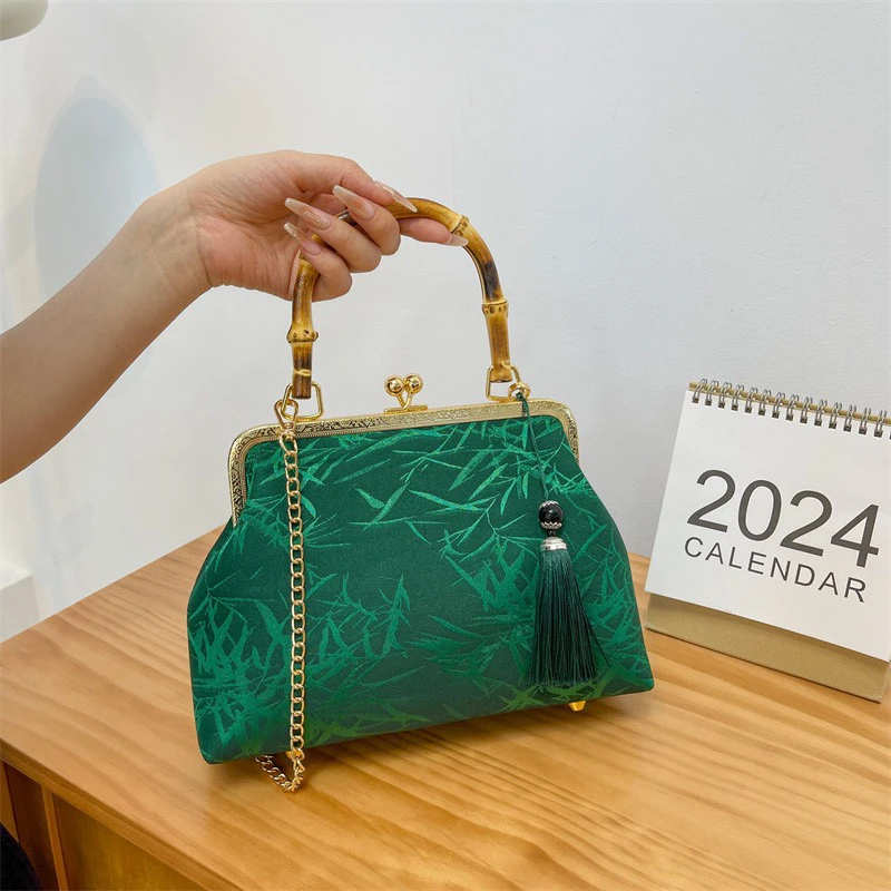 【潇潇雅竹翠绿竹节】新中式国风旗袍马面裙搭配复古手提斜挎包A492