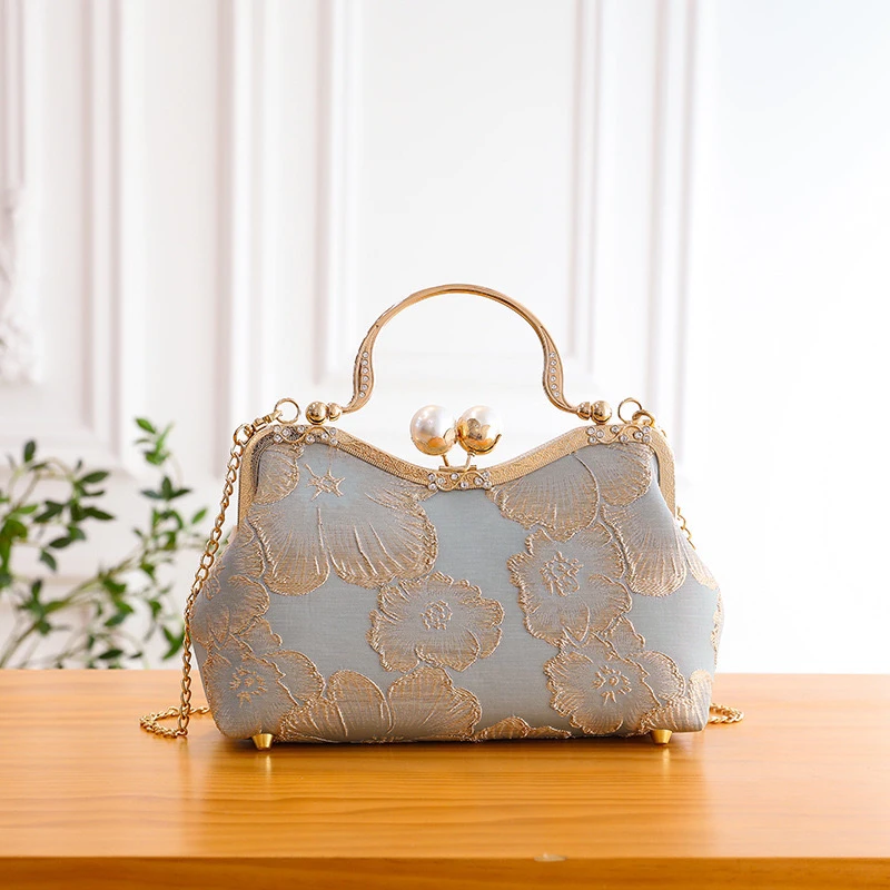 【烟雨朦珍珠头雾霾蓝】新中式国风旗袍马面裙A603复古手提斜挎肩包