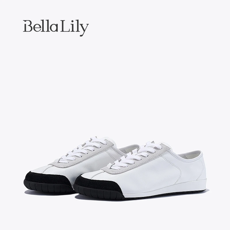 BellaLily春季新款平底牛皮德训鞋女撞色潮流小白鞋小众板鞋