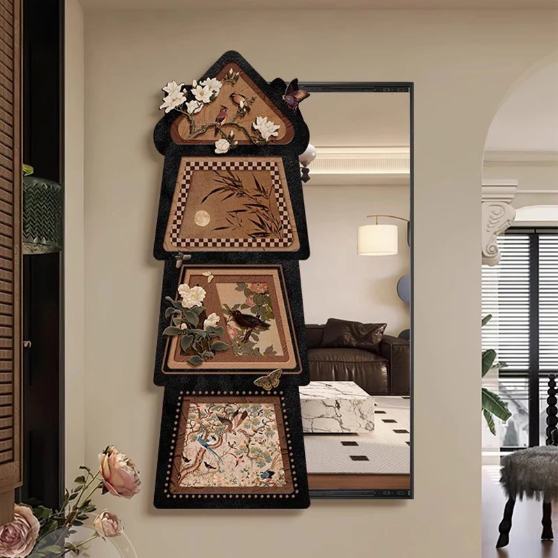 中古风客厅暗藏式穿衣镜装饰画可推拉全身镜隐藏式玄关镜子壁挂画