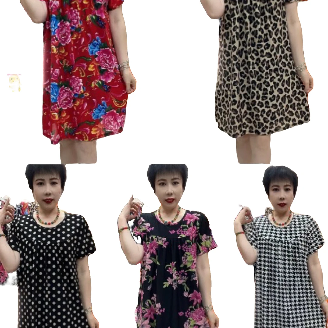 新款A008中长款半袖连衣裙时尚洋气妈妈裙碎花妈妈装宽松连衣裙