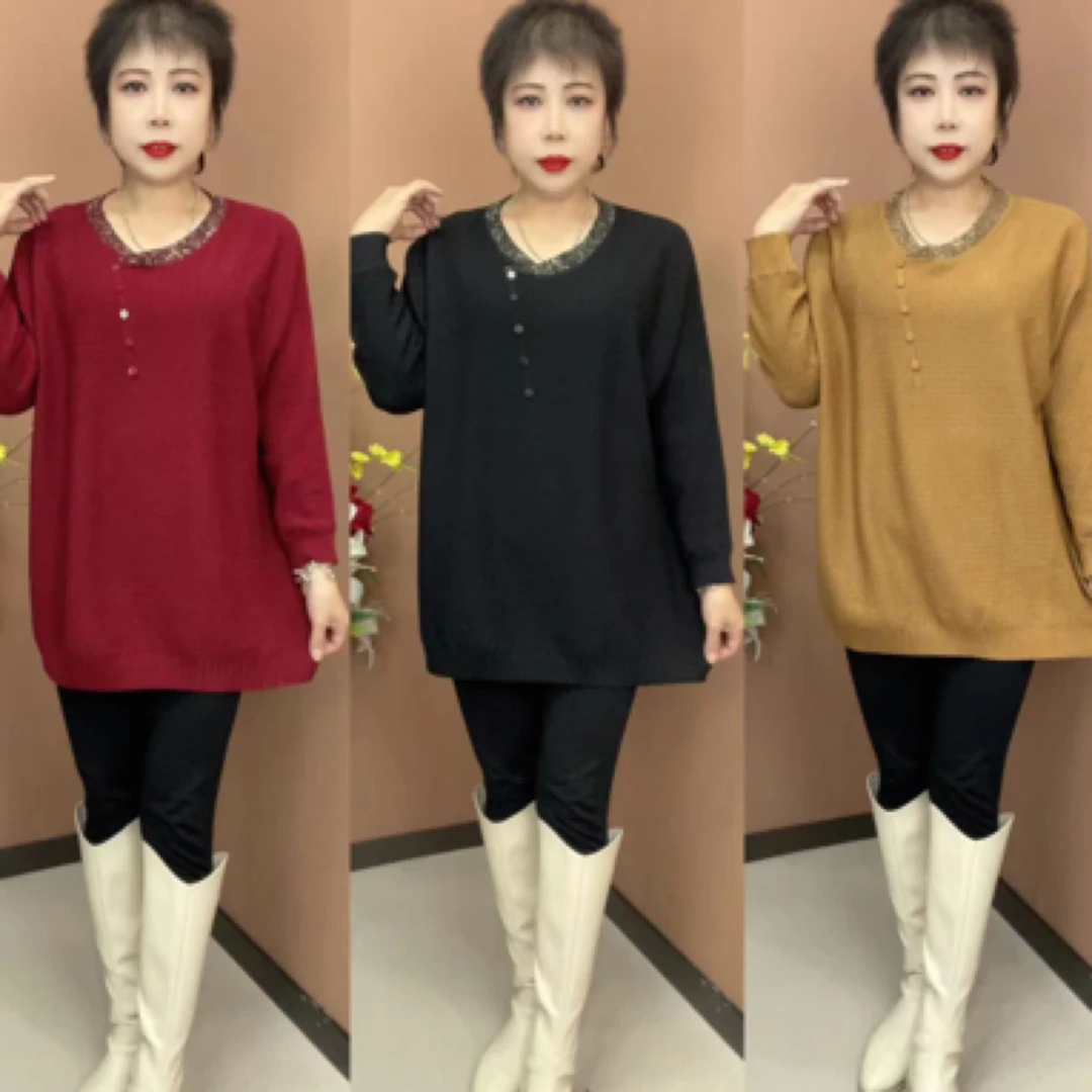 妈妈装秋装新款洋气中长款针织衫上衣中老年女宽松大码打底衫毛衣