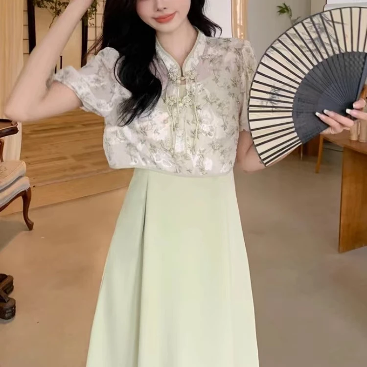 清仓瑕新中式复古连衣裙女夏季高级感气质遮肚子显瘦吊带裙套装