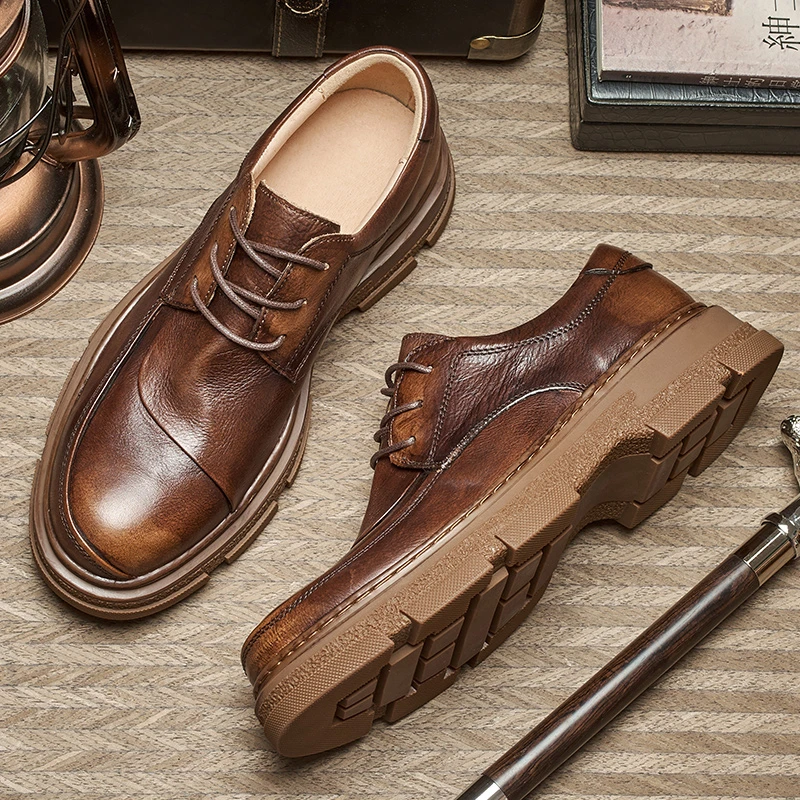 LG711皮鞋休闲复古厚底英伦风圆头英伦系带男士时尚百搭纯色商务