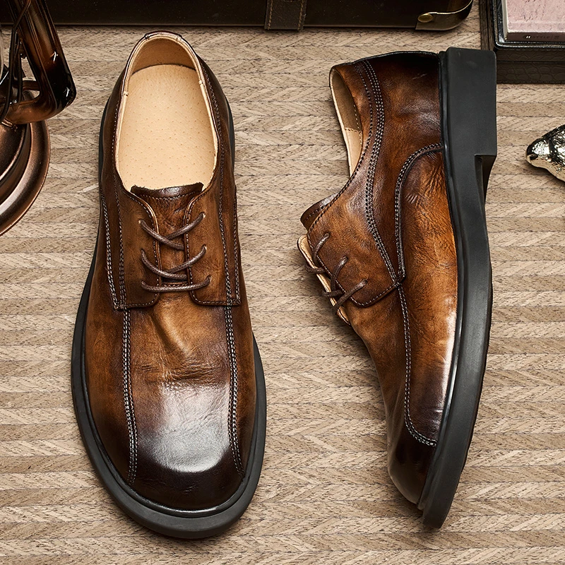 T17男鞋春季透气新款潮流厚底休闲鞋子英伦商务男士大头皮鞋真皮