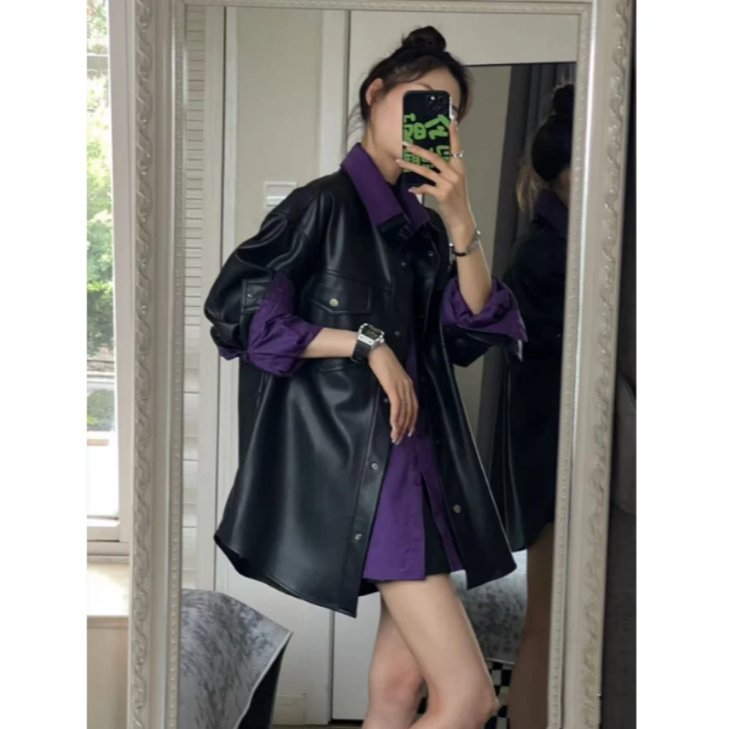 炫酷黑pu皮衣外套+紫色衬衣春秋新款宽松休闲叠穿两件套女
