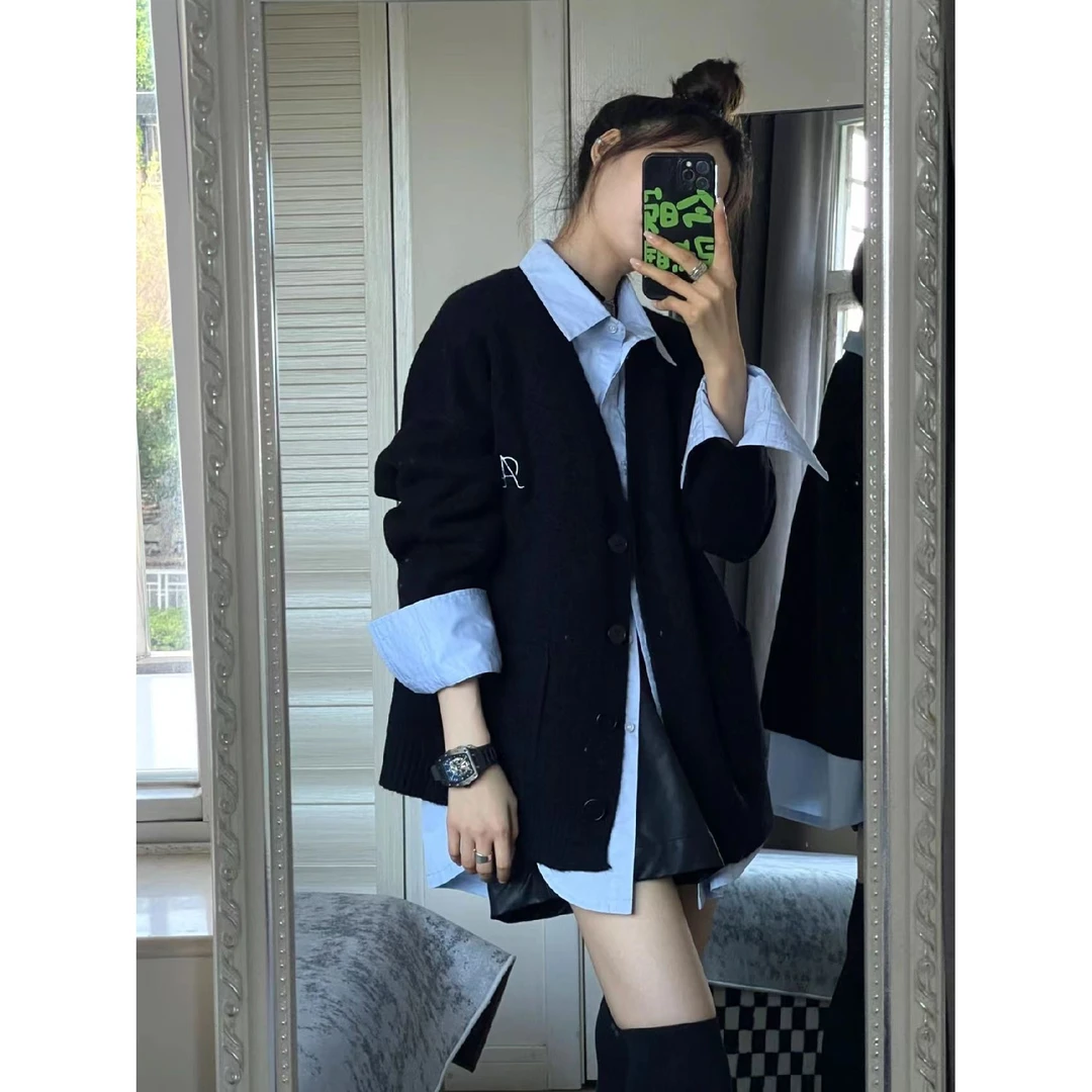 黑色开衫针织外套女新款慵懒风休闲高级感毛衣衬衣两件套叠穿