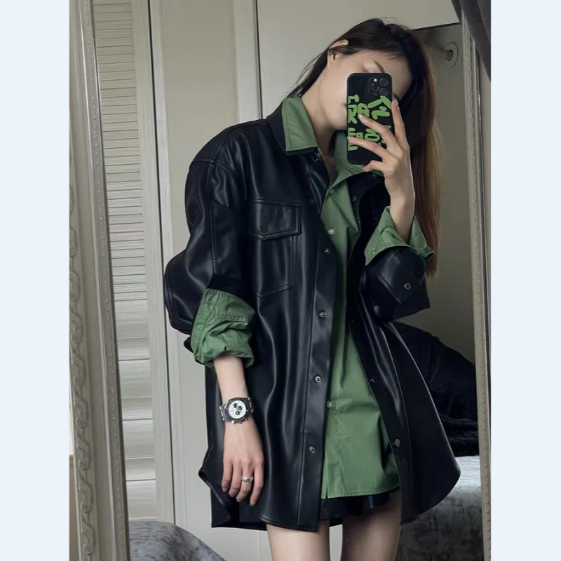 早秋炫酷黑pu皮衣外套女+绿色衬衣春秋新款宽松休闲时尚两件套