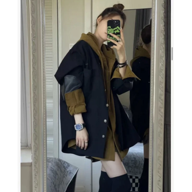 休闲橄榄绿连帽衬衫+牛仔拼接外套女慵懒风新款两件套套装秋冬