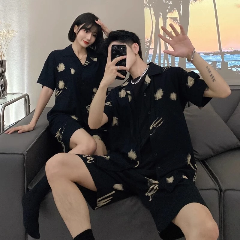 【拍一发三】情侣睡衣女款夏天短袖大码男士简约夏季家居服黑色套装