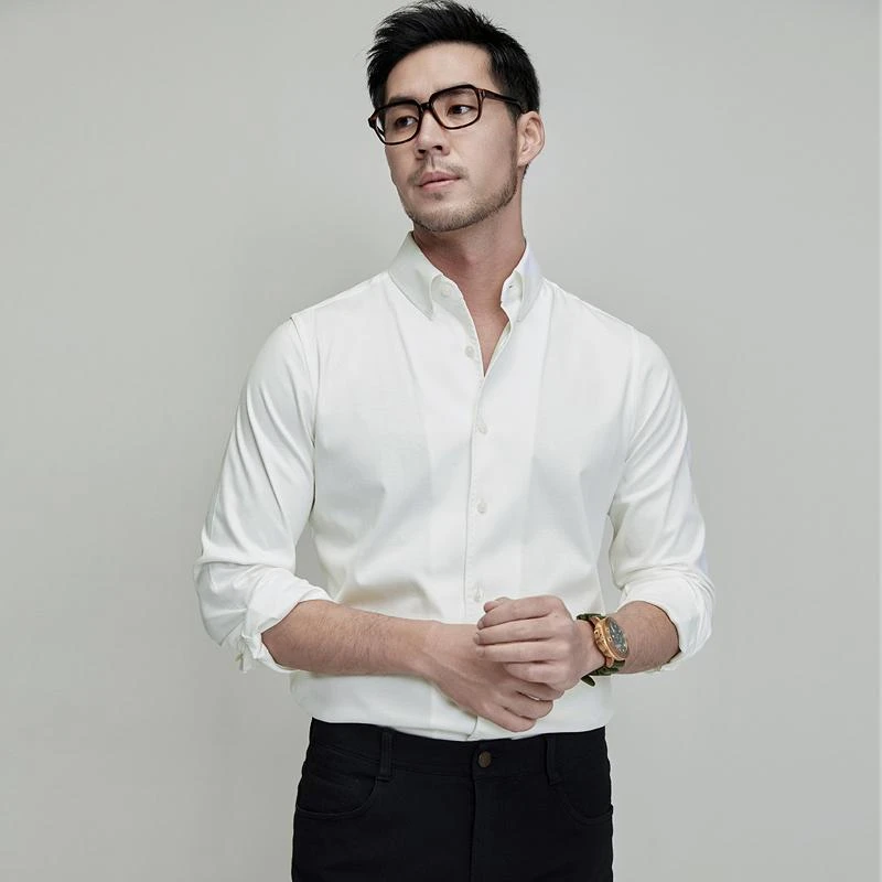 手工珠边高定长绒棉液氨衬衣男白色长袖衬衫轻奢高级感品牌白衬衣
