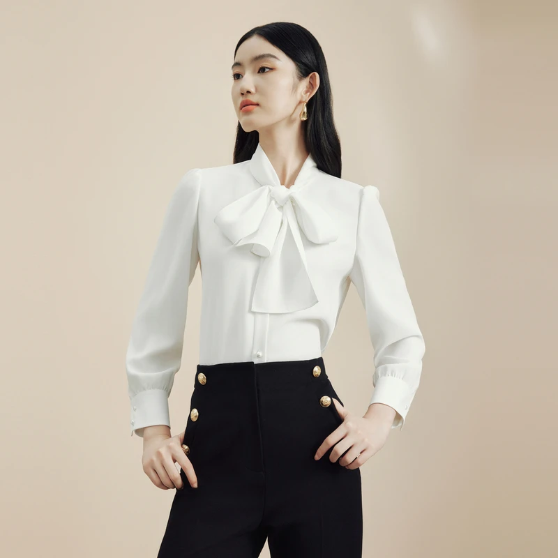 LIME/莱茵【浪漫巴黎】秋冬长袖系带领梭织衬衫白色LDFD8BWBL801