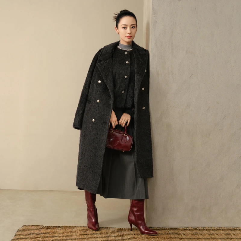 LIME/莱茵冬季高端苏丽阿尔巴卡羊驼毛大衣双色LDFDOAWLC802