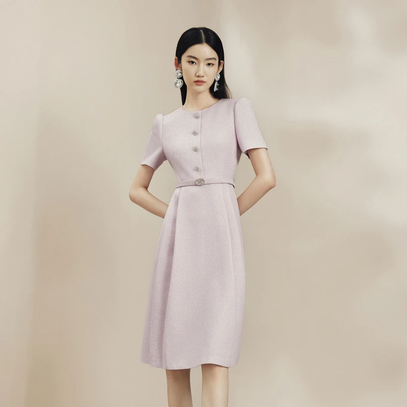 LIME/莱茵【璀璨之夜】春夏高端香风梭织连衣裙淡紫色LDFC8AWOP815