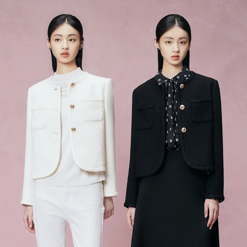 LIME/莱茵【吉娜同款】秋冬梭织小香风短截上衣黑白LDEC6BCCJK03