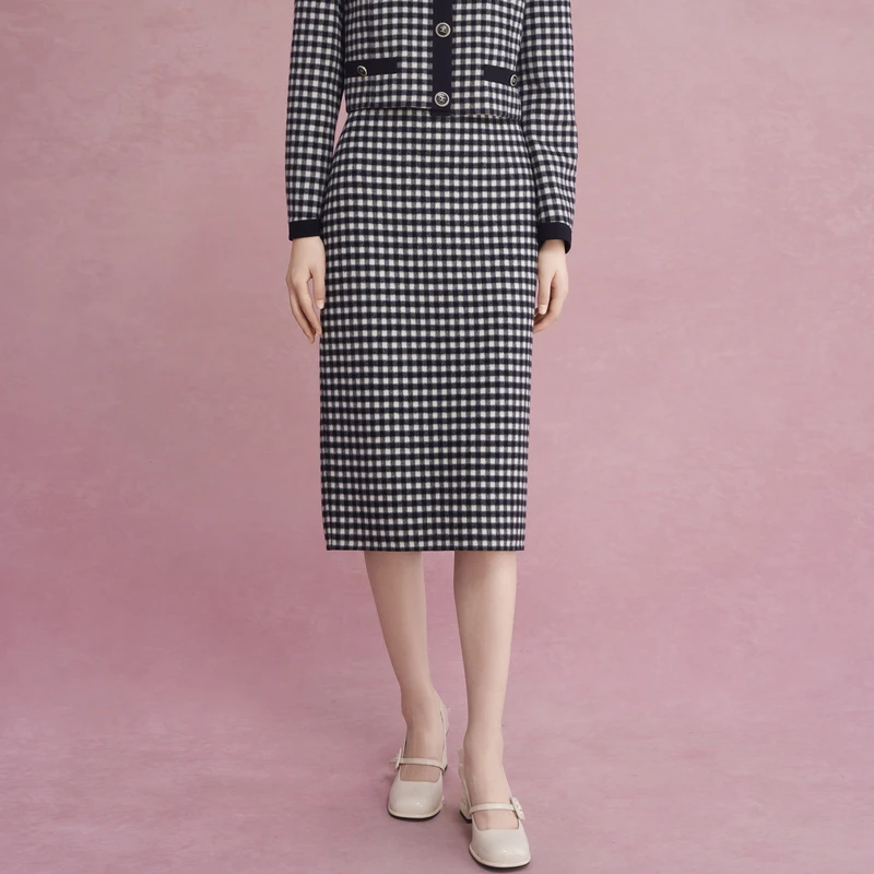LIME/莱茵【城市逐迹】23新款复古黑白格纹毛呢半裙LMED9BHSK601
