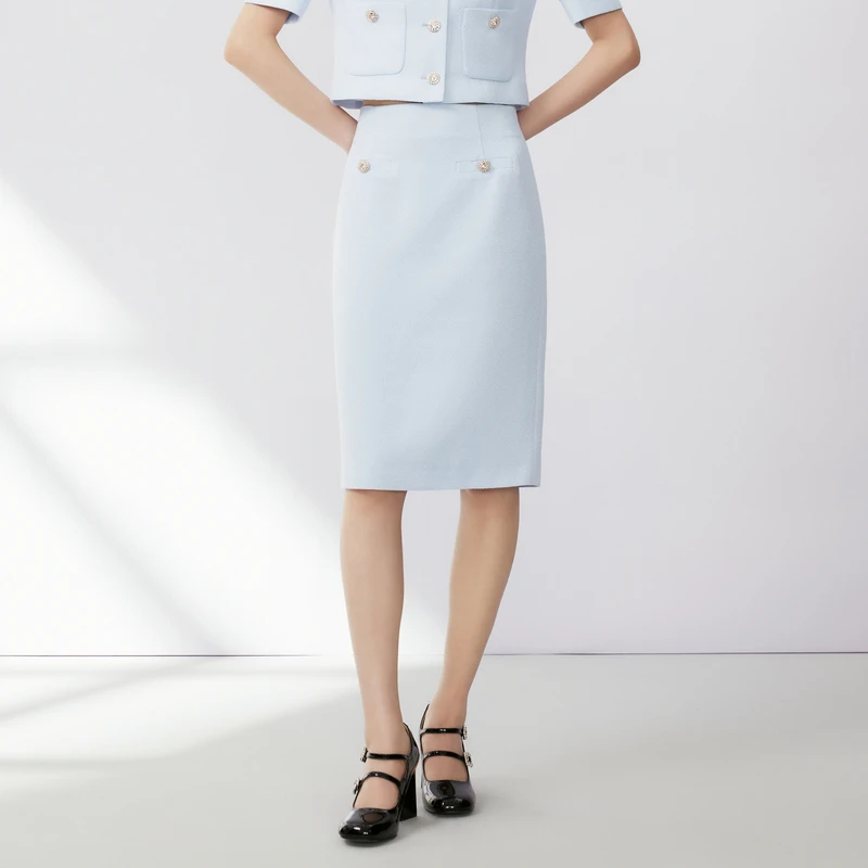 LIME/莱茵【悦己】秋季香风优雅梭织半裙水蓝色LMFC7BWSKK53