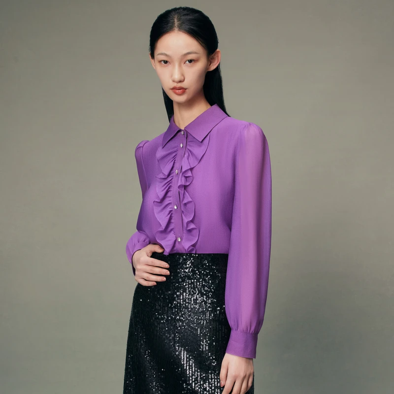 LIME/莱茵【奢享】23款长袖翻领蝴蝶边设计衬衫苋紫LMEC8BWBL903