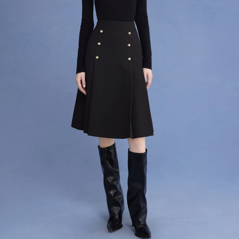 LIME/莱茵23年冬新款单品气质A字折裥波浪半裙黑色LMED8BWSK001