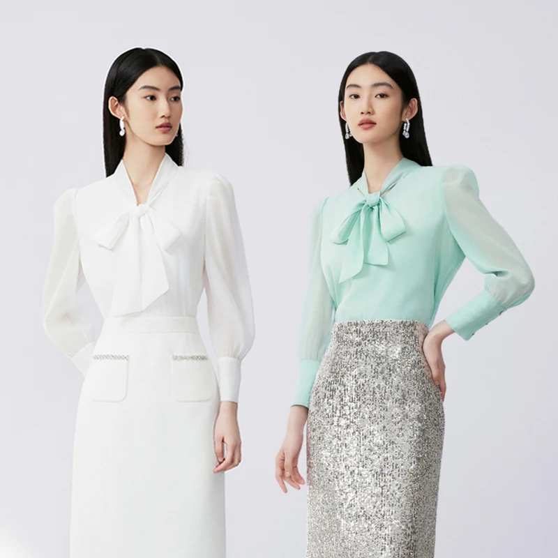 LIME/莱茵【自由韵绿】秋季法式套头衫衬衫绿色&白色LMFC6BWPR001