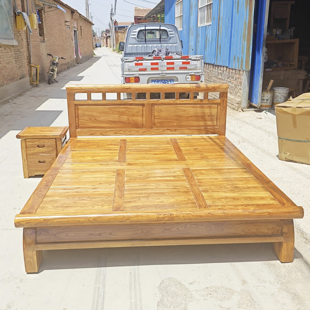 老榆木家用实木床简约现代双人床大床实木家具榻榻米主卧床板硬板