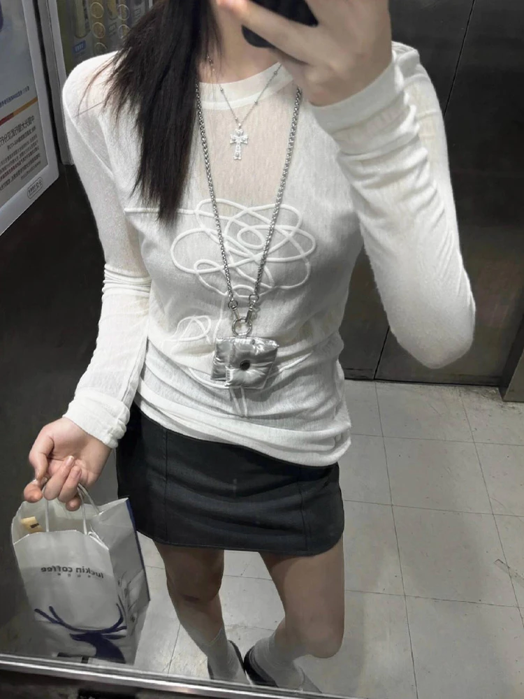 美式辣妹发泡印花微透长袖T恤女夏季薄款设计感修身防晒罩衫上衣