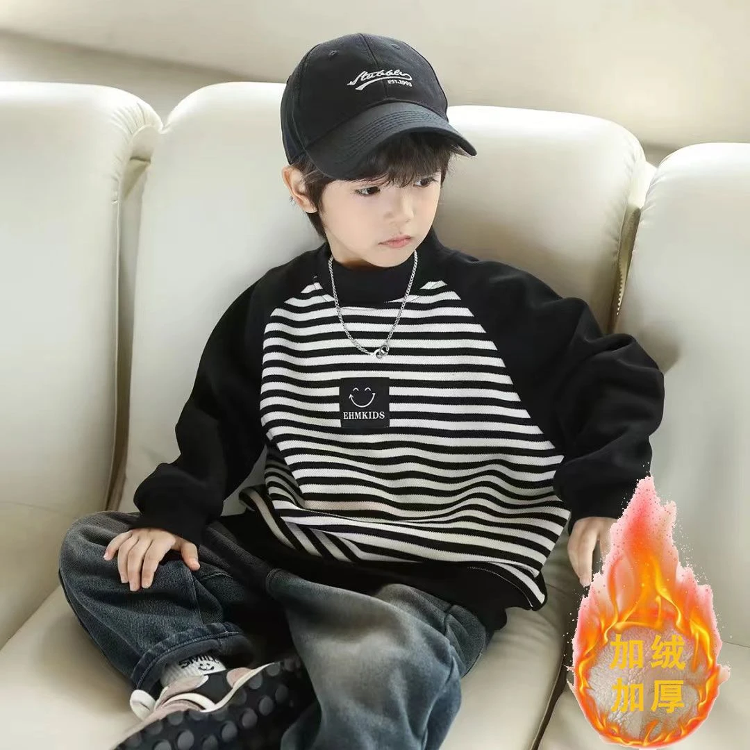 童装儿童男童加绒卫衣冬装新款儿童条纹打底衫半高领2024洋气休闲