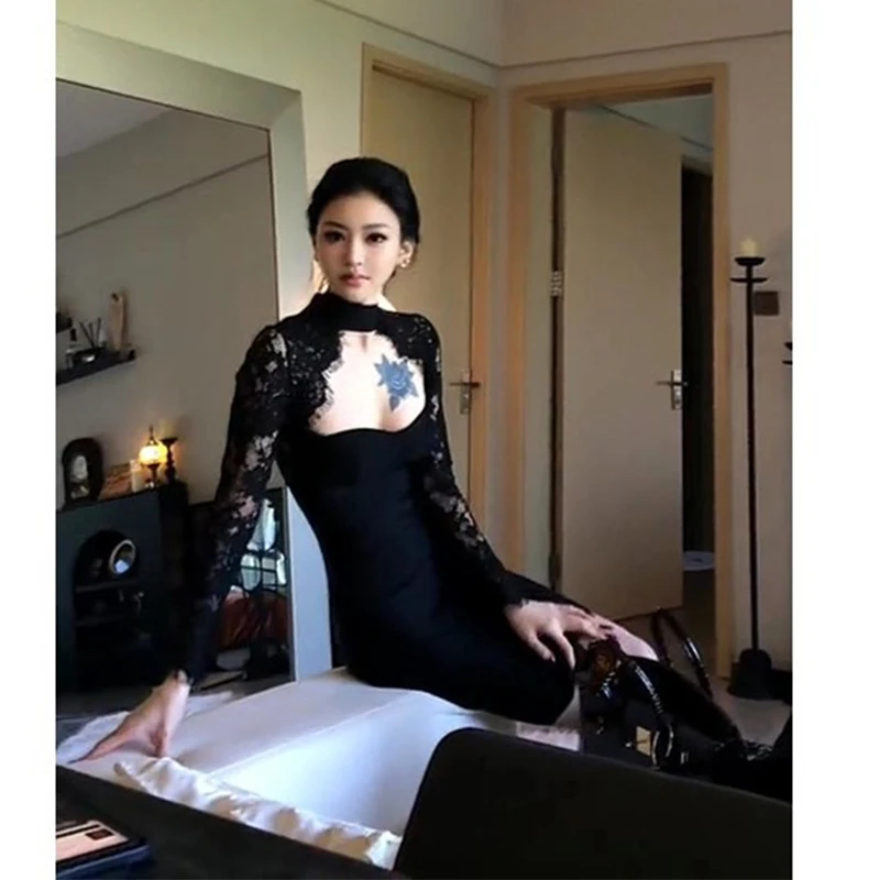 高级感秋季新款黑色御姐风镂空蕾丝包臀裙紧身性感显身材连衣裙女