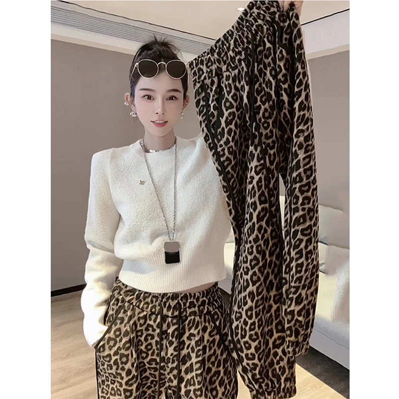 欧洲站2025秋季新款豹纹网红卫裤女高腰洋气休闲宽松束脚哈伦裤潮