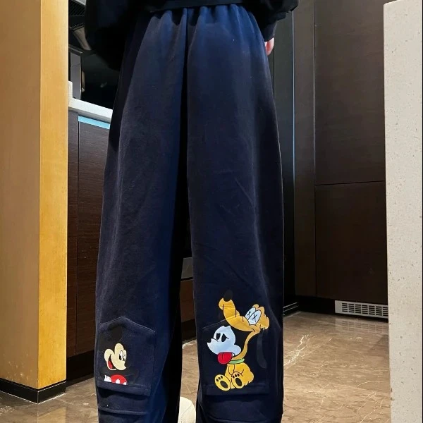 韩版减龄卡通加绒宽松直筒休闲裤女2025春季新款韩版百搭阔腿裤潮