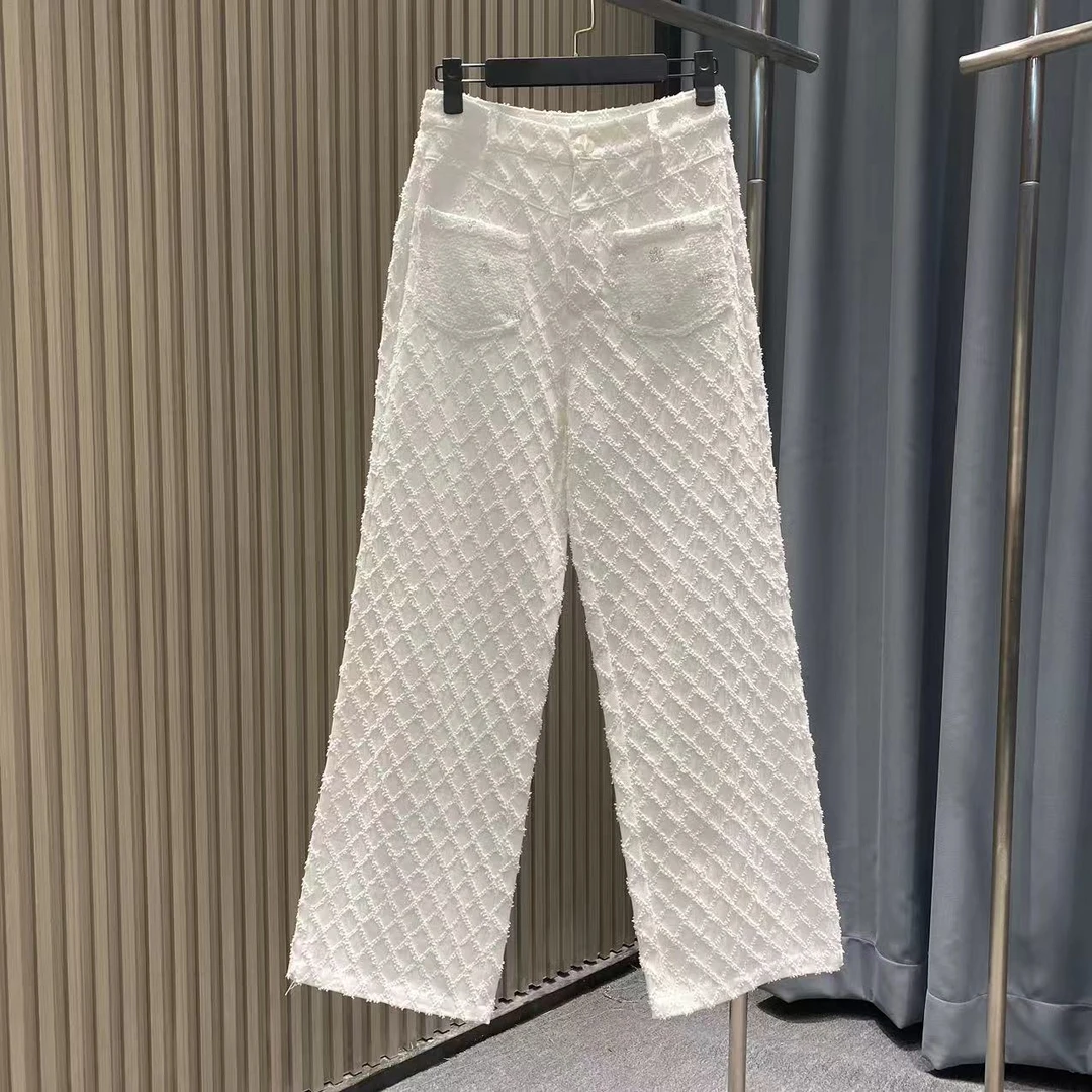2024新款白色纹理高腰时尚宽松百搭牛仔裤