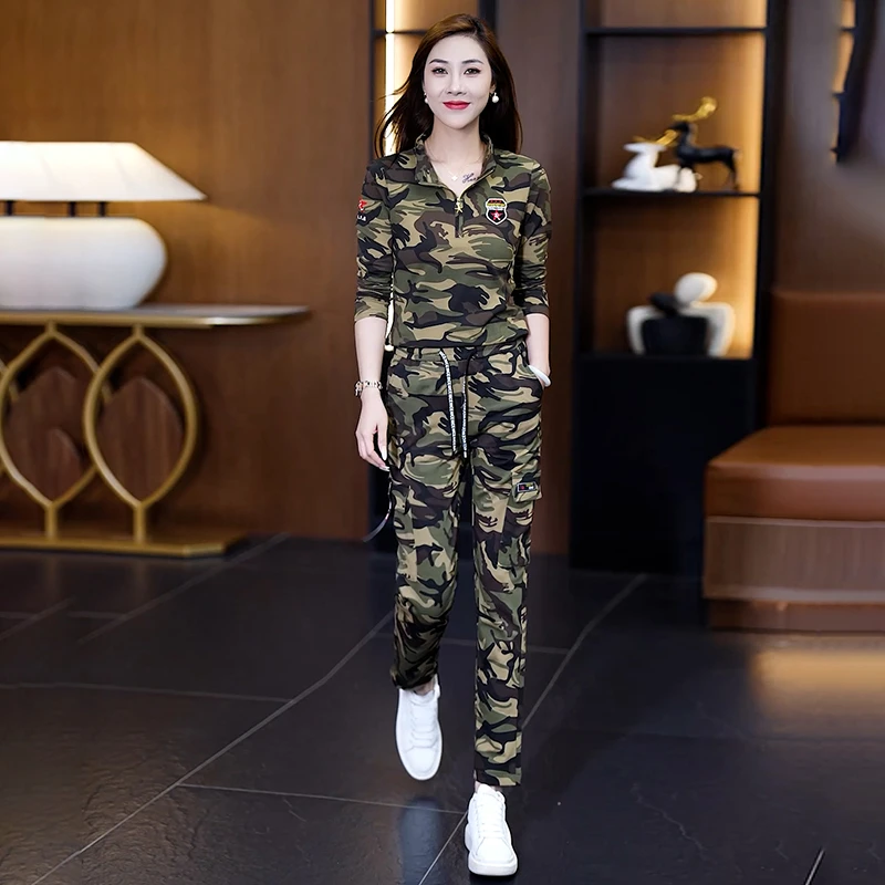 迷彩运动休闲时尚套装2024秋装新款女装洋气质网红职业两件套裤子
