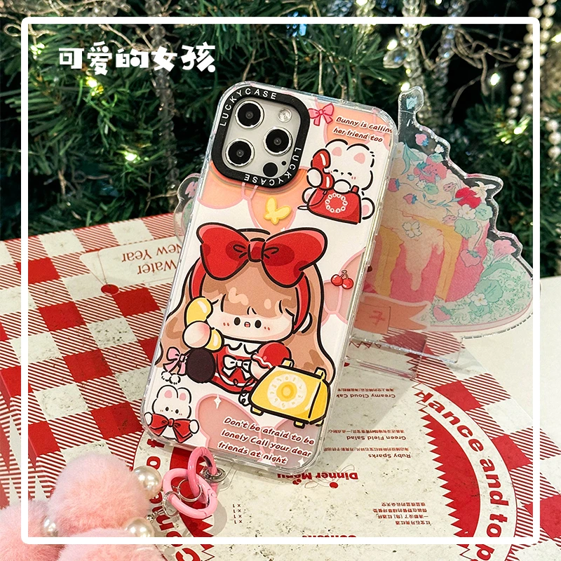 卡通苹果15promax华为磁吸手机壳13蝴蝶结14接电话女孩毛球