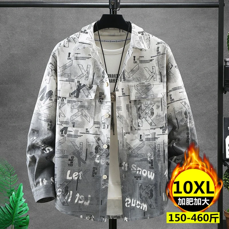 男士加肥加大码衬衫街潮胖子300斤翻领外套加绒加厚青年帅气舒适