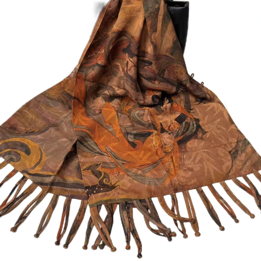 敦煌飞天    全织四经绞罗梅竹底纹香云纱蚕丝210*52双层盘扣丝巾