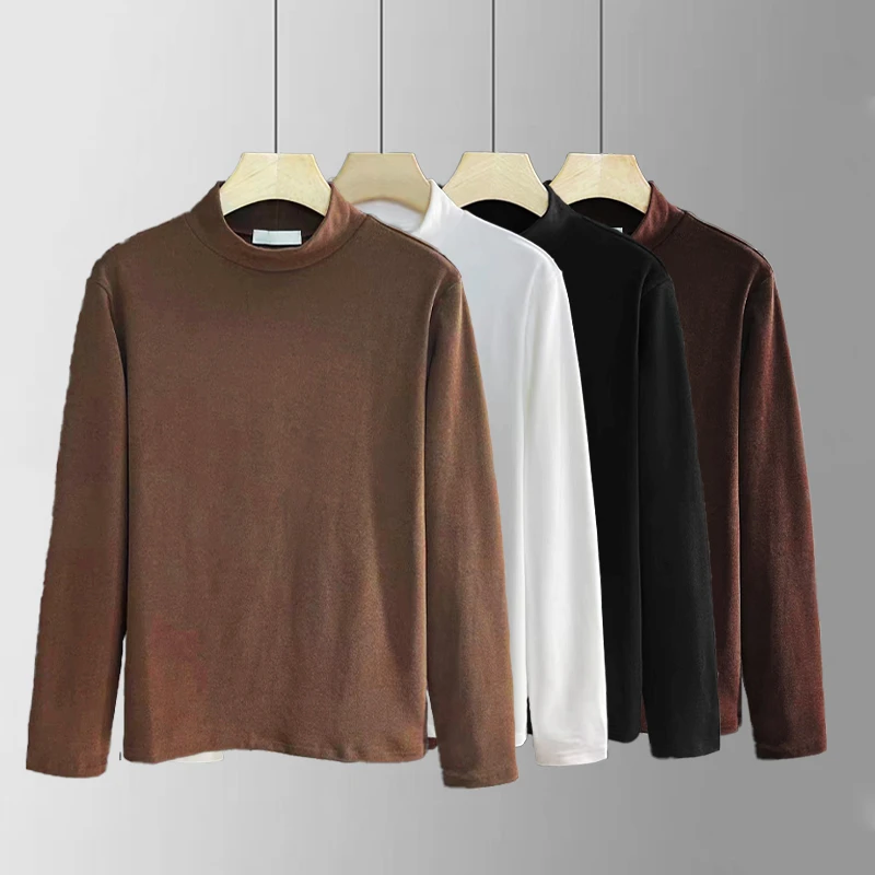 秋冬半高领双面德绒打底衫男春秋款圆领纯色内搭保暖修身长袖T恤