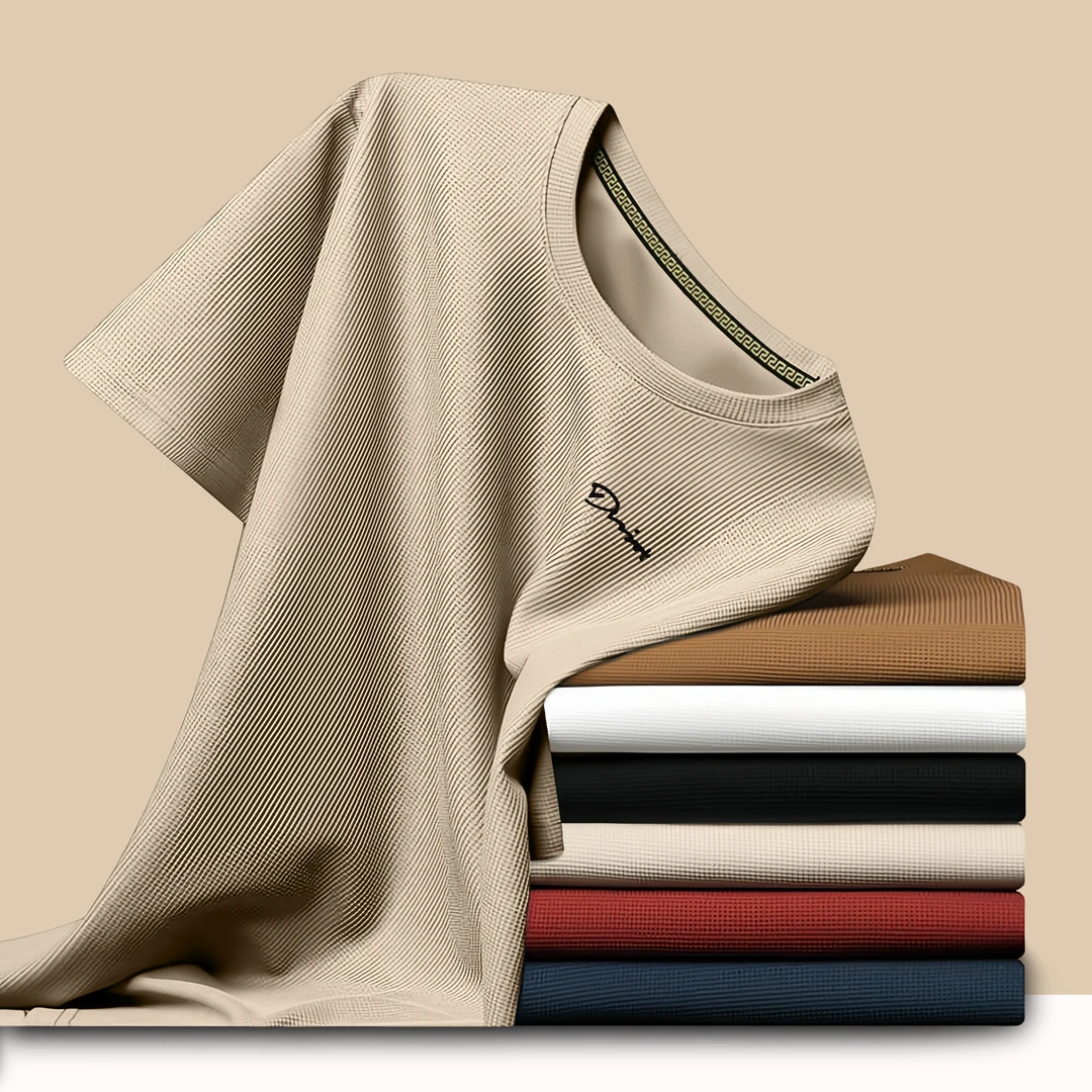 短袖冰丝华夫格上衣男2024新款圆领T恤男士显瘦休闲半袖印花体恤