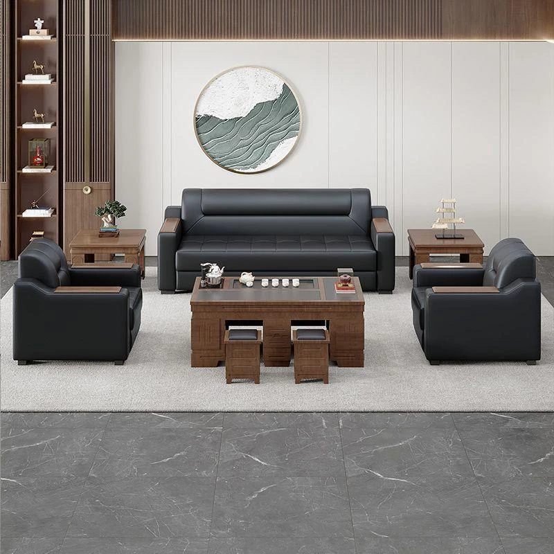 真皮办公室沙发简约现代商务会客接待休闲三人位茶几组合套装皮艺