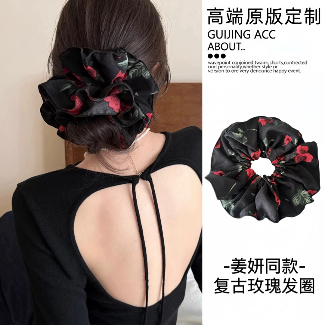 复古玫瑰花大肠发圈网红2024新款高马尾头绳丸子头扎头发头圈发绳