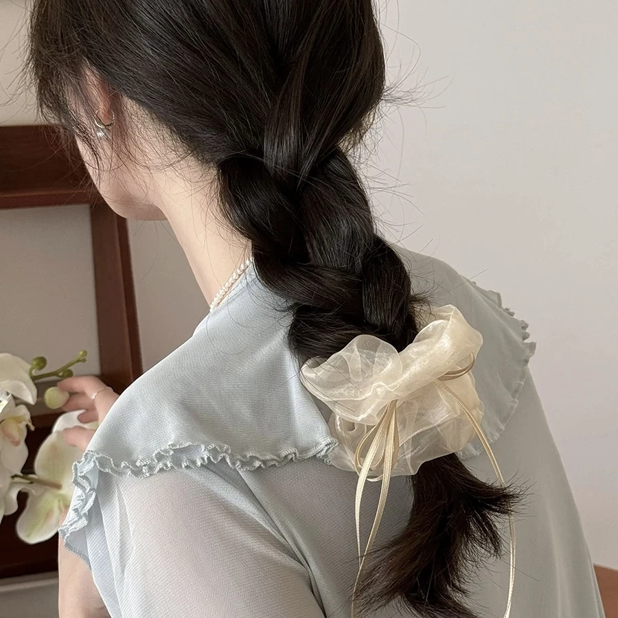 甜美芭蕾风网纱蝴蝶结飘带大肠发圈女2024新款温柔扎头发发绳发圈