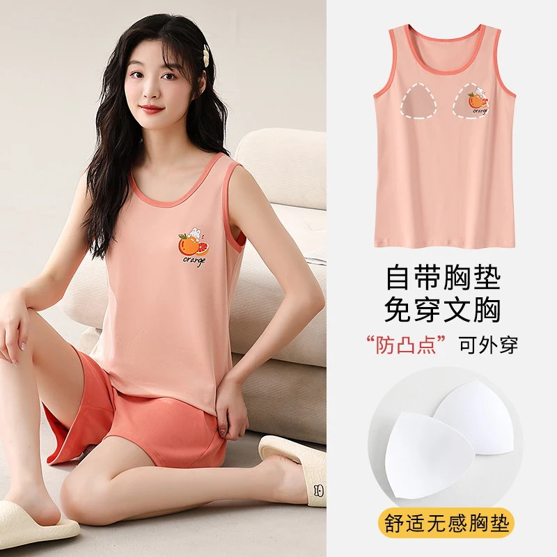带胸垫睡衣夏季女款可爱卡通无袖背心短裤套装学生大码外穿家居服