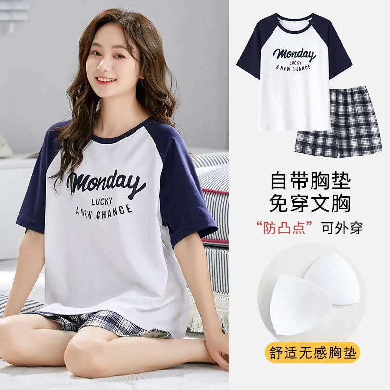 夏季睡衣女士短袖短裤带胸垫卡通套装学生夏天可外穿休闲家居服