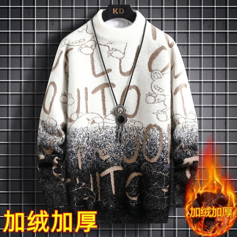 冬季加绒加厚男毛衣防水貂绒绒男青年韩版针织半高领毛衣潮男士