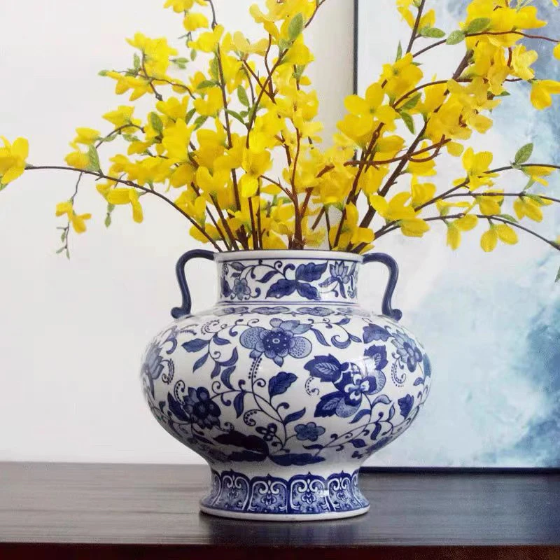 陶瓷出口青花瓷大肚双耳花瓶摆件聚宝盆摆件
